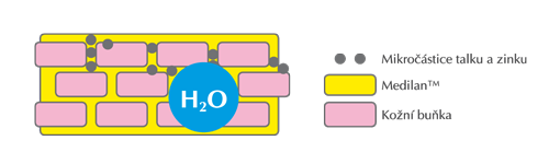 Medilan nahradí chybějící kožní lipidy. Mikronizované částice talku a zinku pronikají mezi jednotlivé kožní buňky a díky osmotickému gradientu váží v pokožce vodu. Systém 2DERM tak vytvoří optimální podmínky pro regeneraci.